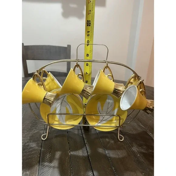 Vintage Napco Tea Set Yellow Gold Rack Leaf Saucer 4ZD-5415 Porcelain‎ Set Of 6